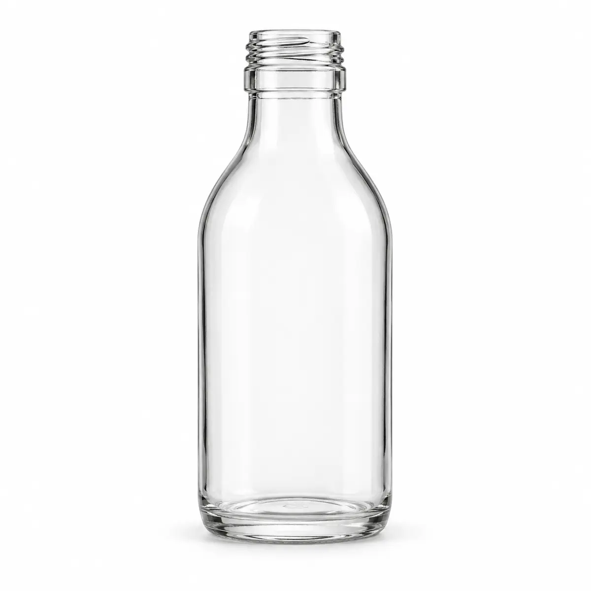 AI-generated clear-glass product visualization for 100–200 mL · small round bottle