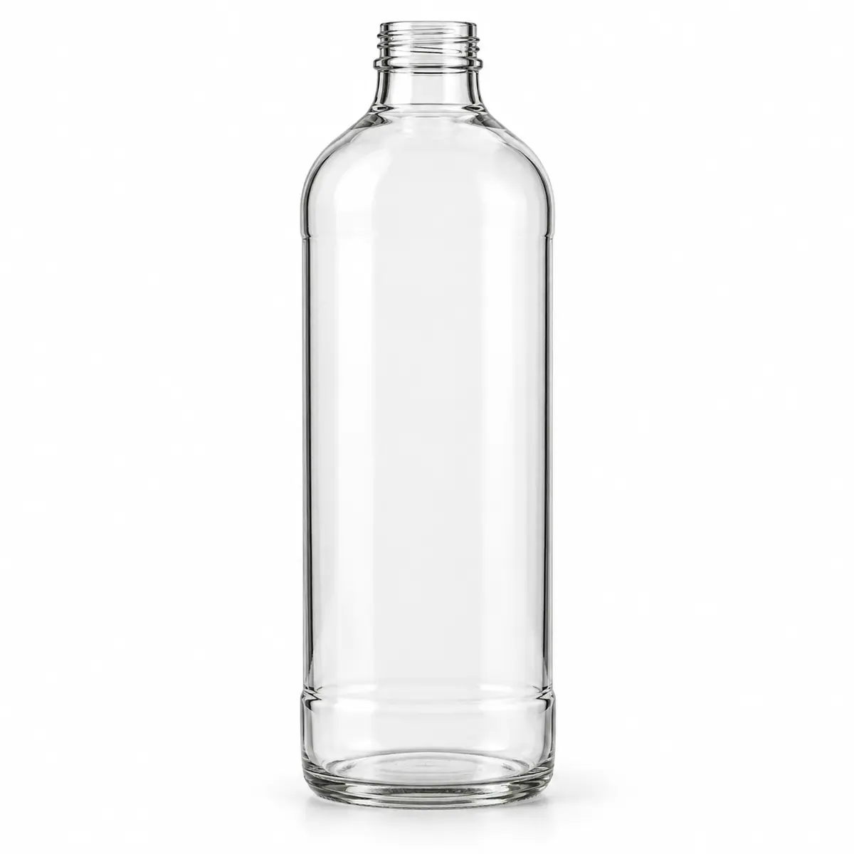 AI-generated clear-glass product visualization for 1,000 mL · tall round bottle