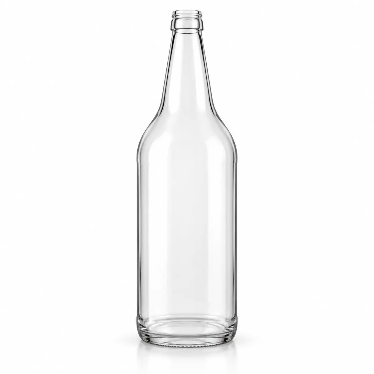 AI-generated clear-glass product visualization for 1,200 mL · long-neck round bottle