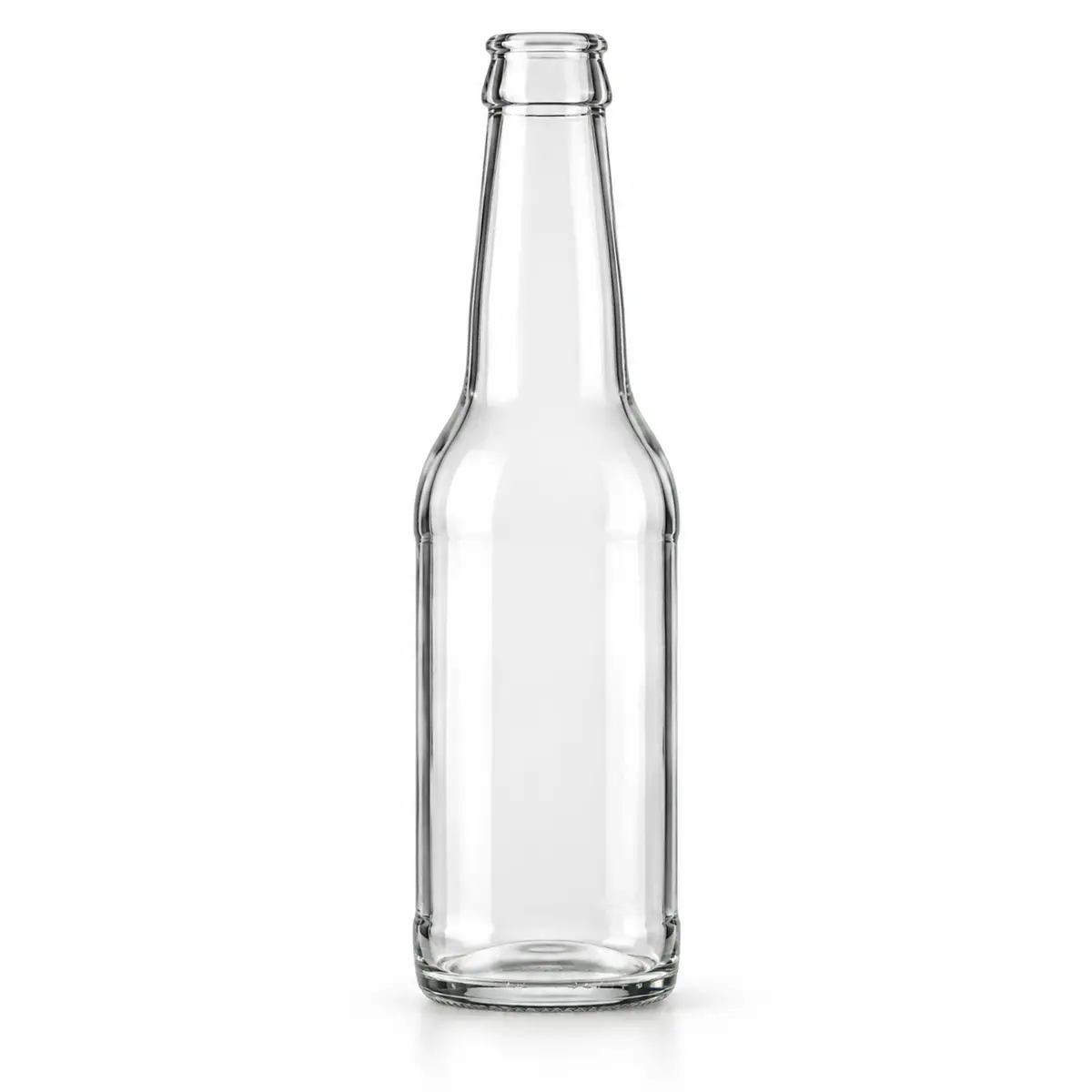 AI-generated clear-glass product visualization for 250–275 mL · slender beverage bottle