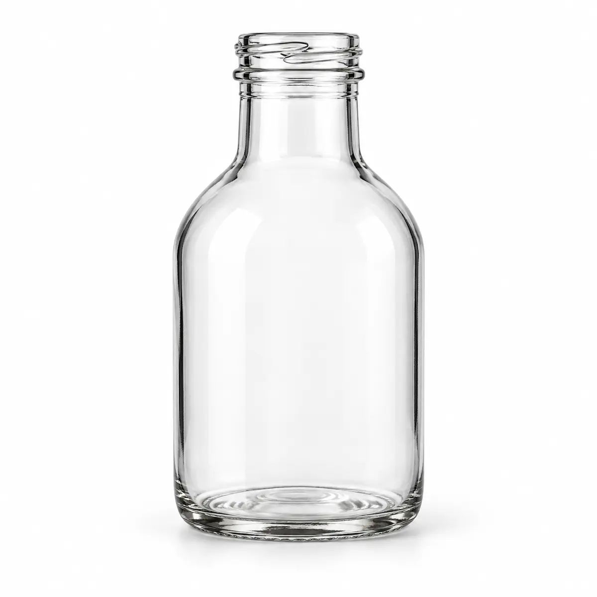 AI-generated clear-glass product visualization for 300 mL · short broad bottle