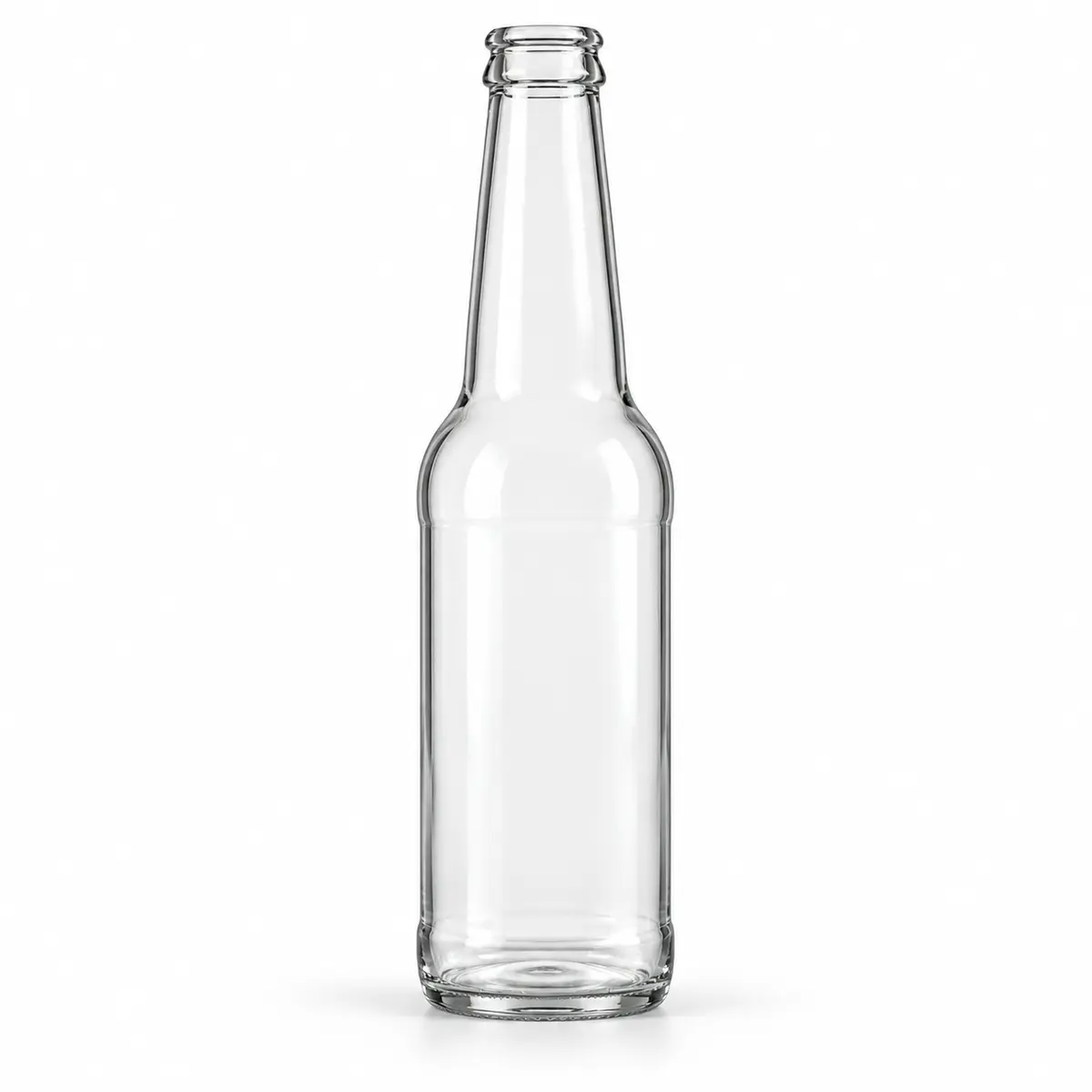AI-generated clear-glass product visualization for 330 mL · long-neck crown bottle