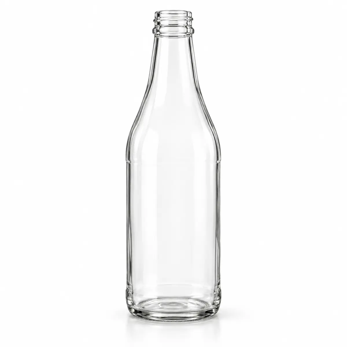 AI-generated clear-glass product visualization for 350–375 mL · standard round bottle