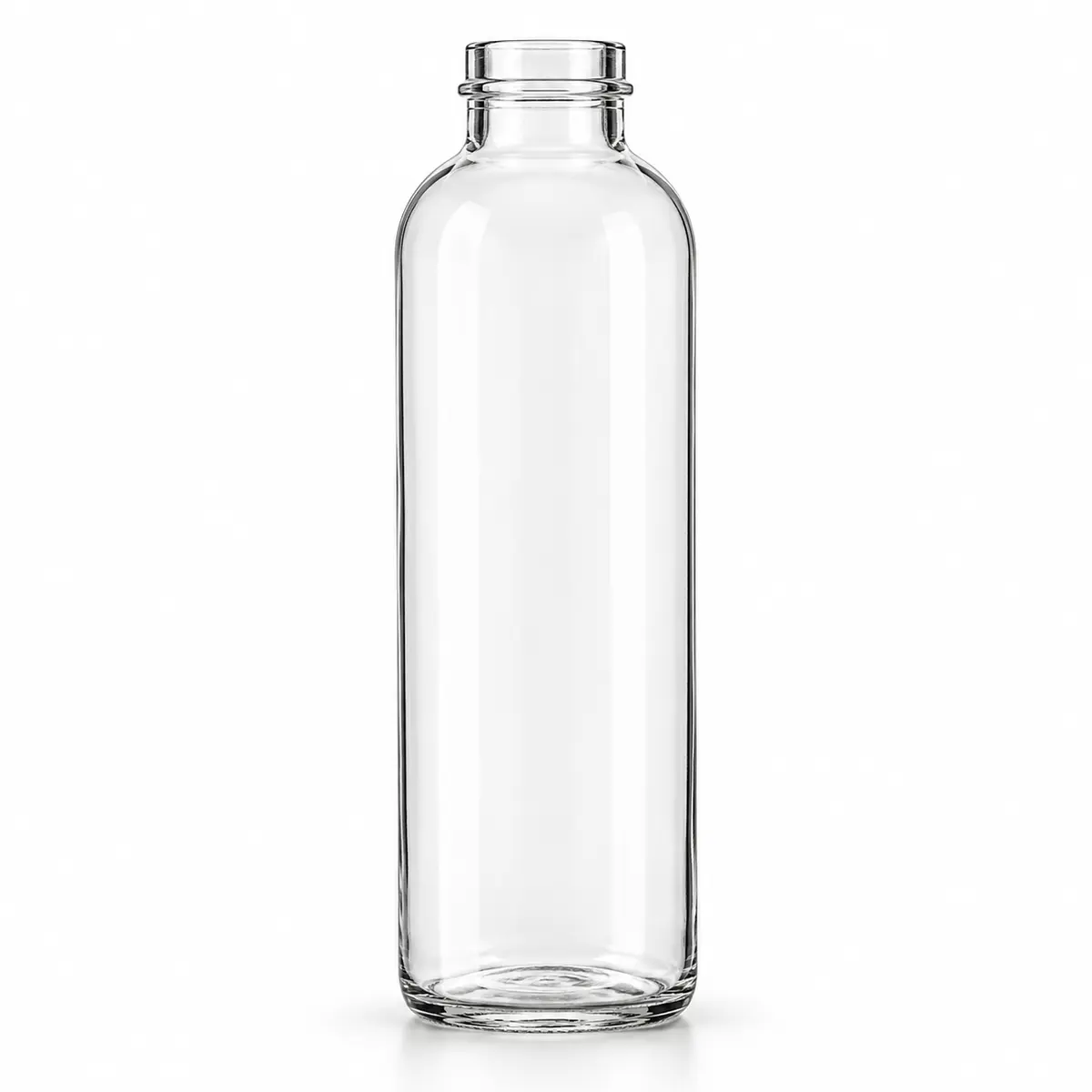 AI-generated clear-glass product visualization for 414–450 mL · slim round bottle