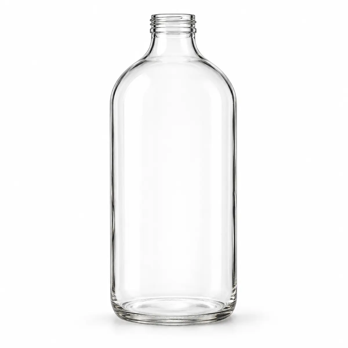 AI-generated clear-glass product visualization for 946 mL · broad round bottle