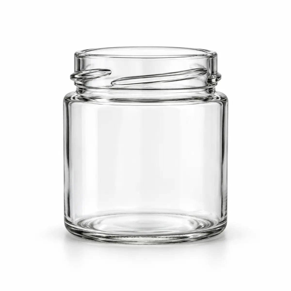 AI-generated clear-glass product visualization for 100–130 mL · miniature straight-sided jar