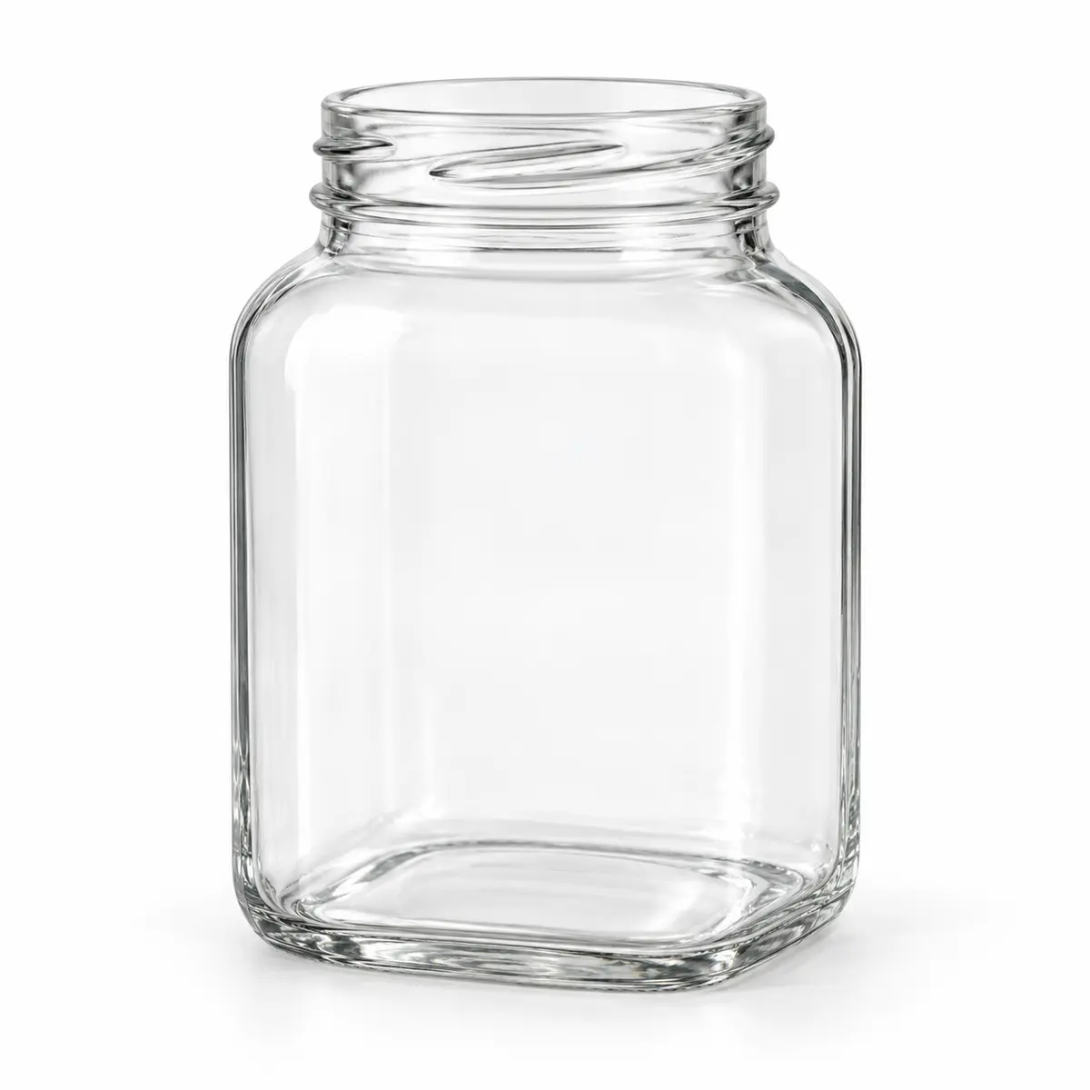 AI-generated clear-glass product visualization for 1,020 mL · square jar
