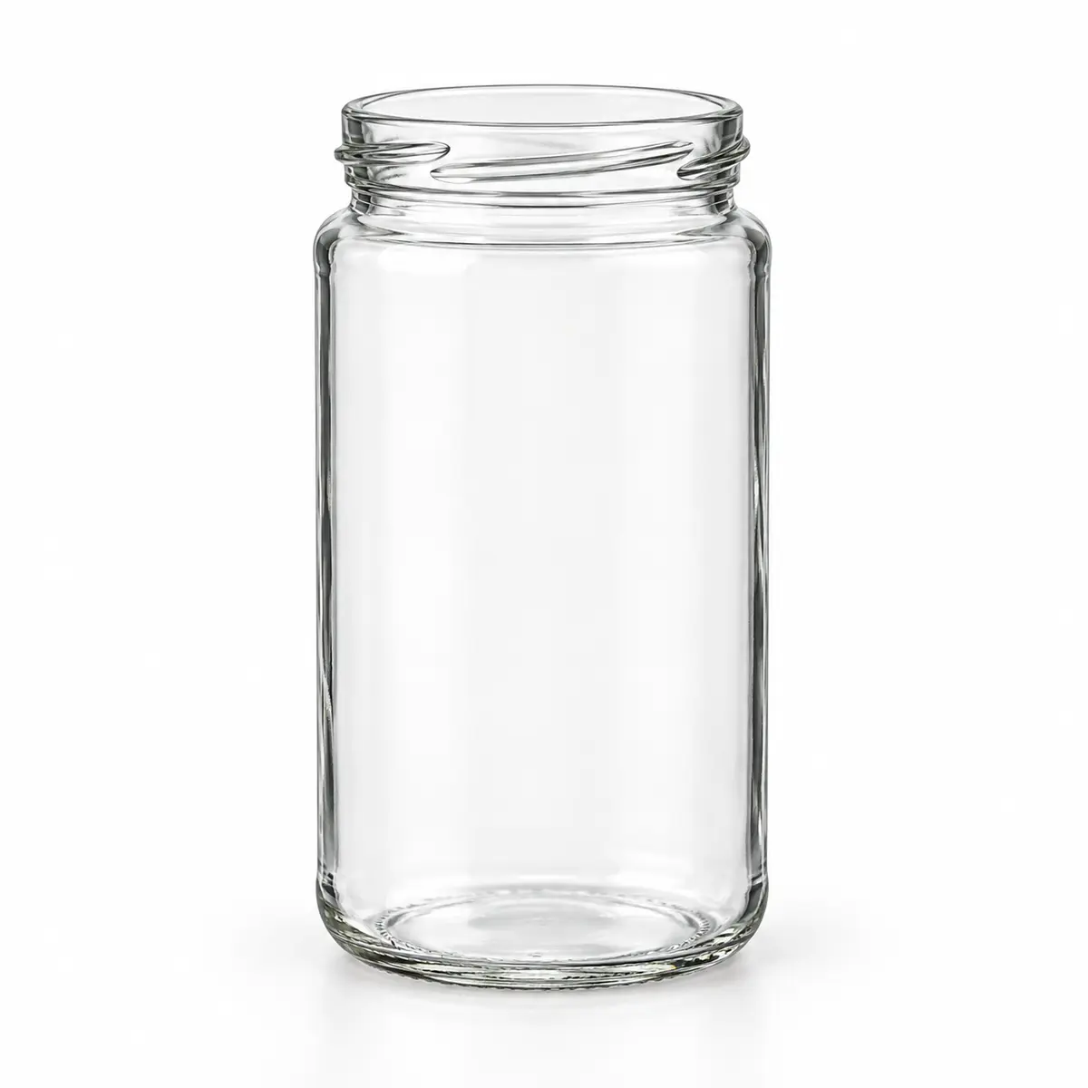 AI-generated clear-glass product visualization for 580–730 mL · tall straight-sided jar