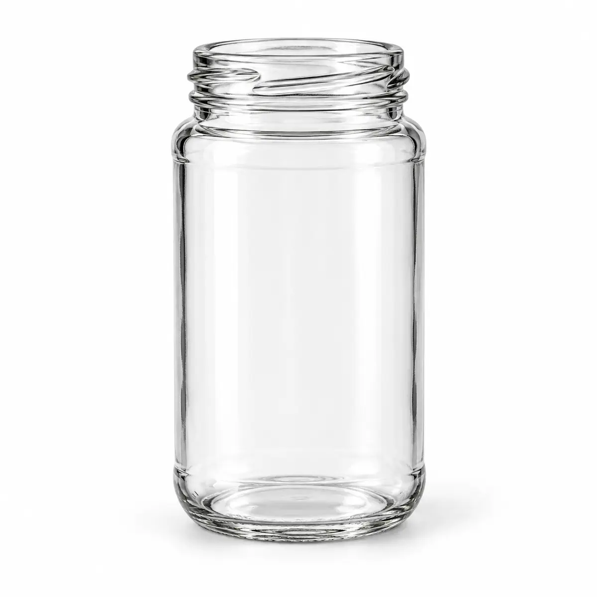 AI-generated clear-glass product visualization for 6–8 oz · narrow Paragon jar