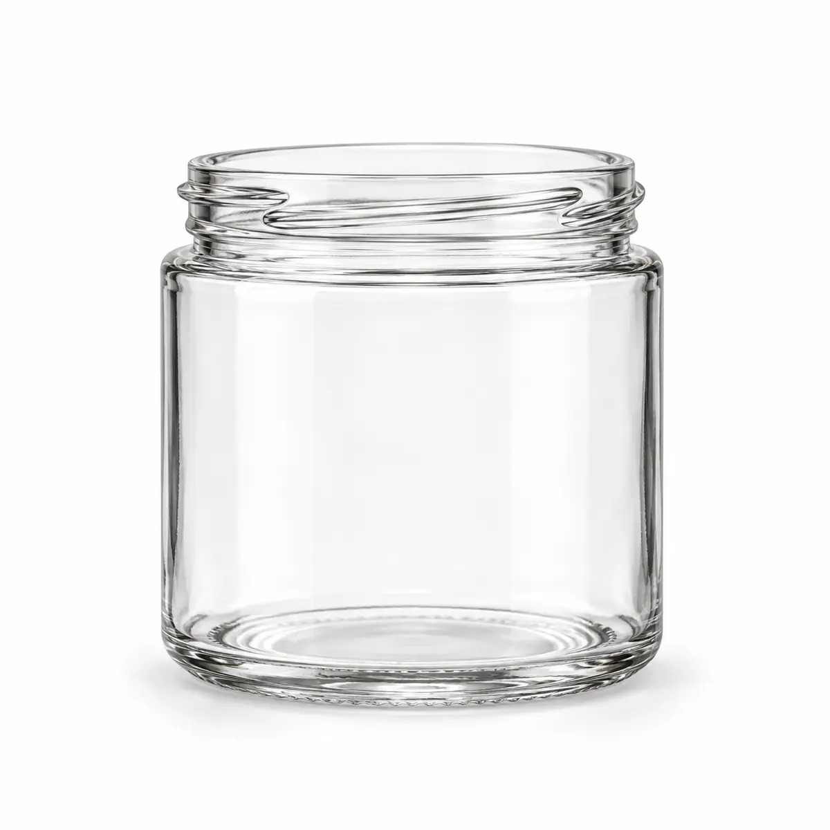 AI-generated clear-glass product visualization for 9–12 oz · short straight-sided jar