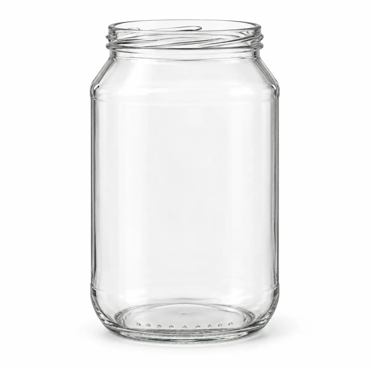 AI-generated clear-glass product visualization for 925–1,051 mL · large round jar