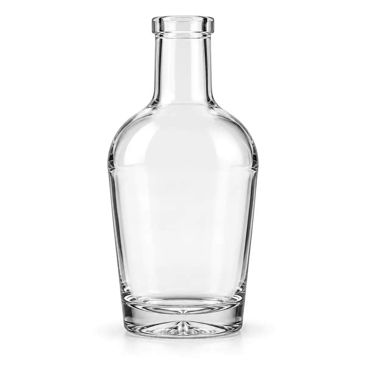 AI-generated clear-glass product visualization for 200 mL · broad sculpted bottle
