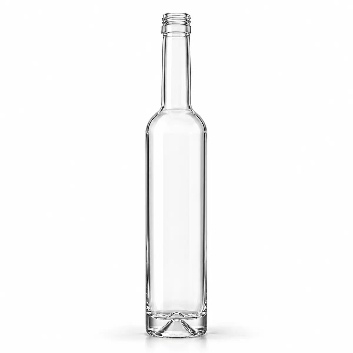 AI-generated clear-glass product visualization for 375 mL · very tall slim bottle