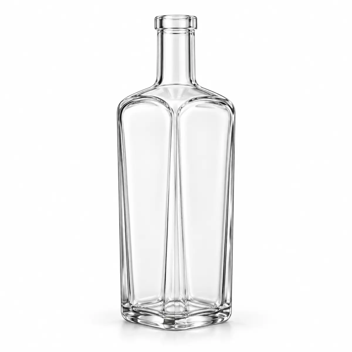 AI-generated clear-glass product visualization for 700 mL · flat rectangular bottle