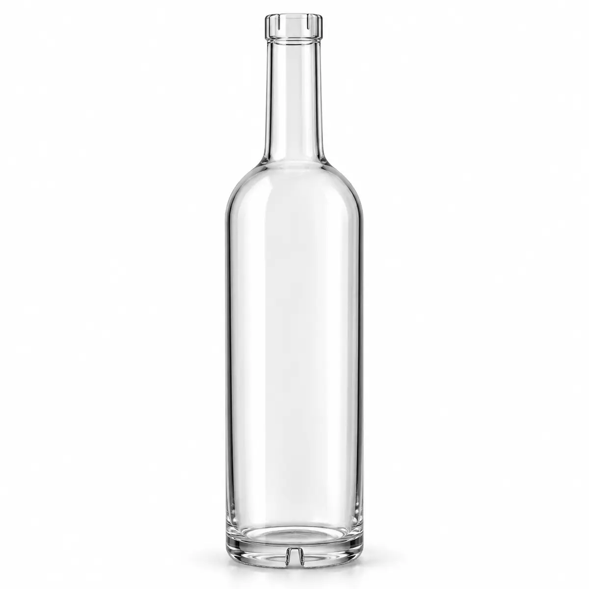 AI-generated clear-glass product visualization for 750 mL · very tall slim bottle