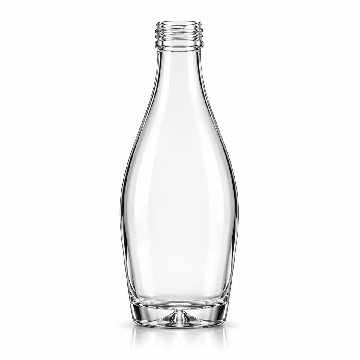 AI-generated clear-glass product visualization for 350 mL · curved bottle