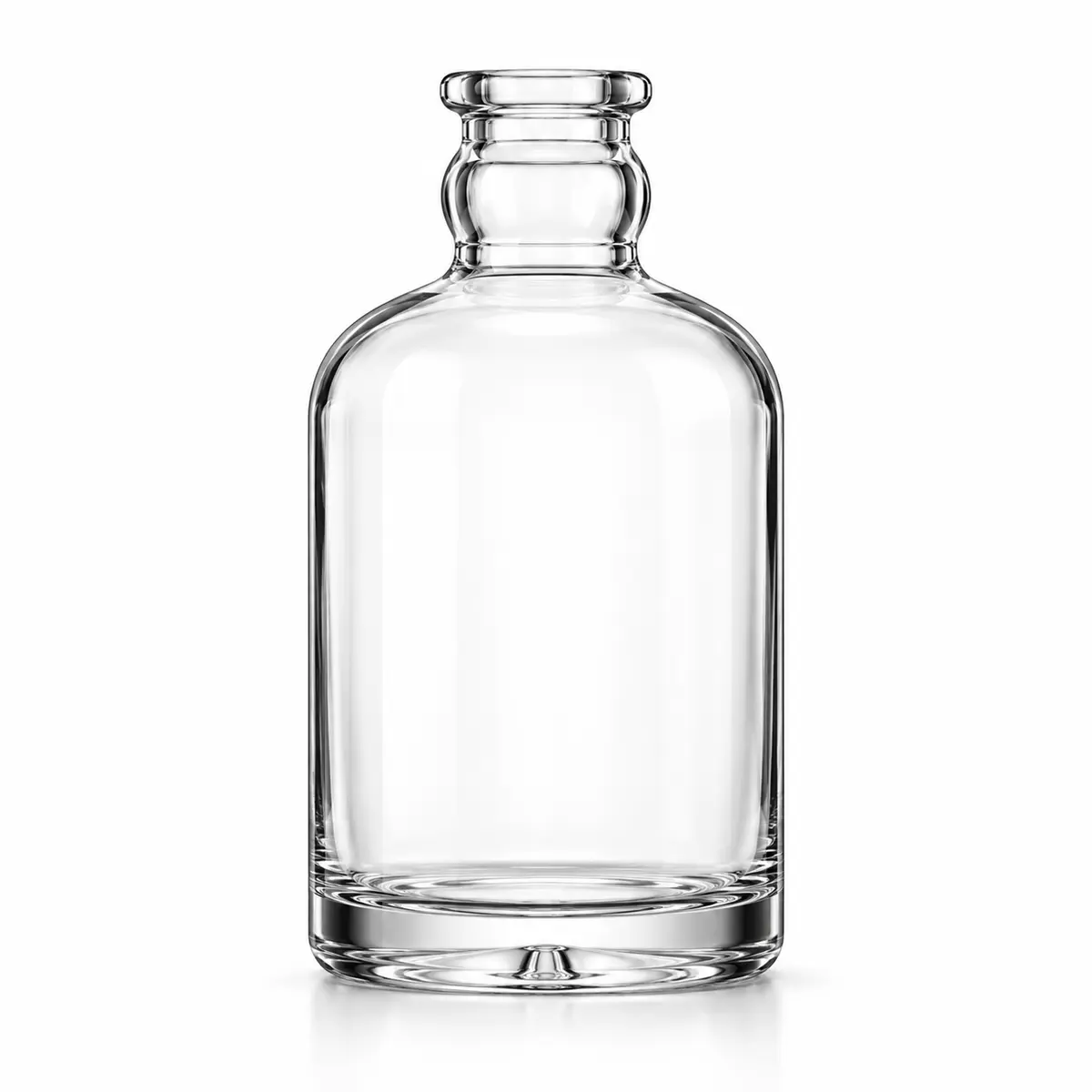 AI-generated clear-glass product visualization for 700 mL · broad round bottle